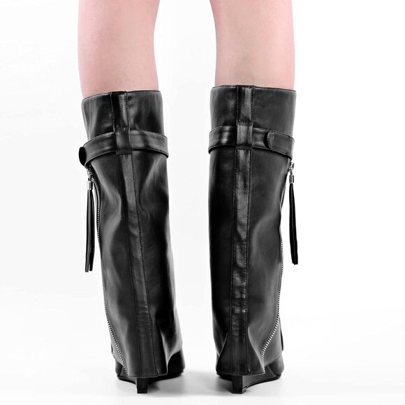 Women's Black Synthetic Knee High Fold over Wedge Heel Long Shark Pull on Boots - Picture 5 of 6